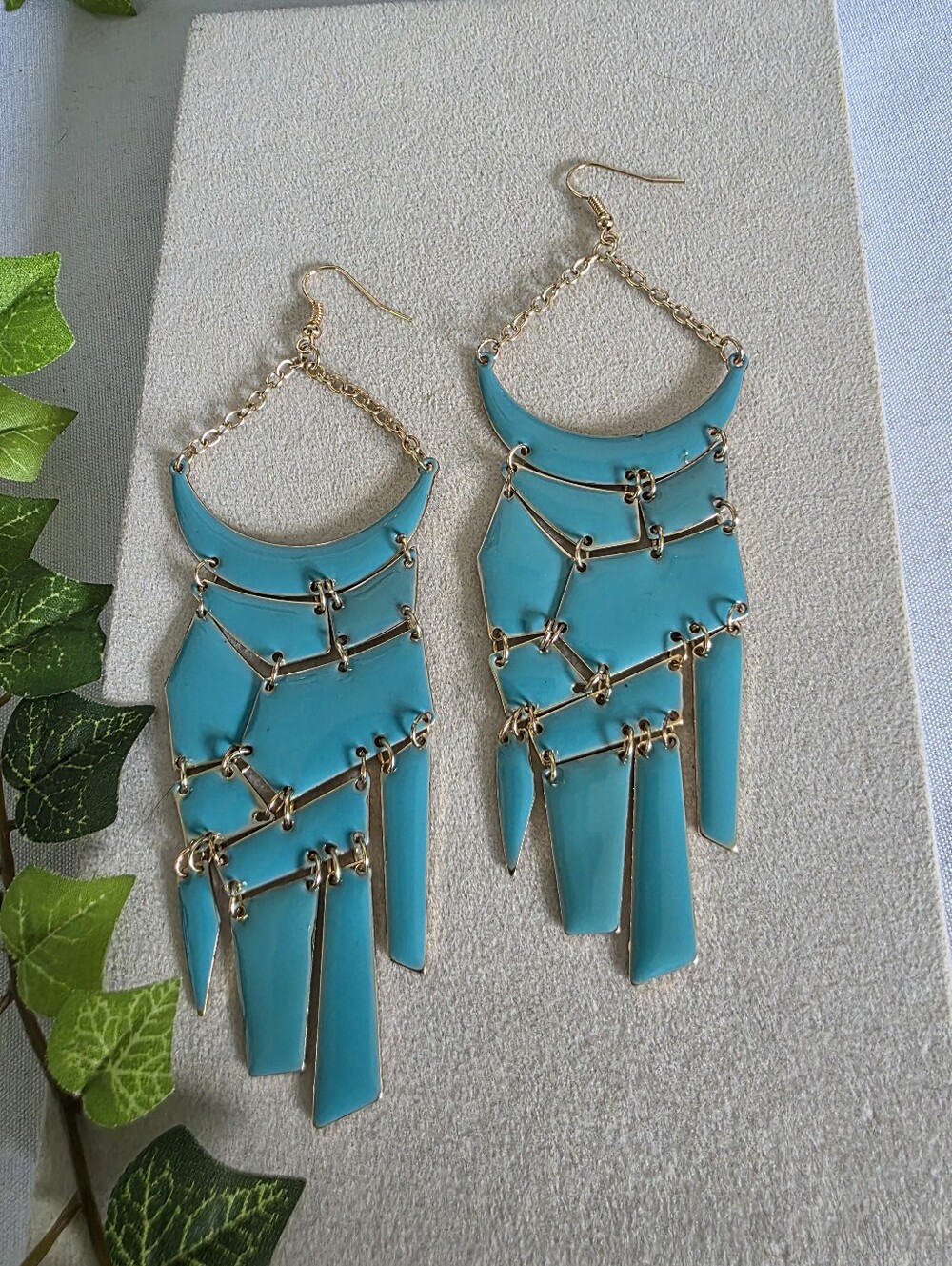 Large Boho Turquoise Enamel & Gold Geometric Tiered Chandelier Drop Earrings